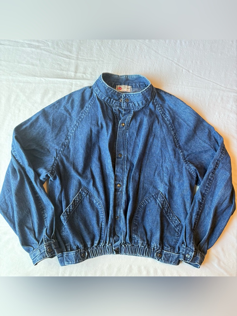 Vintage 80s Handmade Denim Bomber Jacket Elastic Waist Cropped Blue Jean Blouson